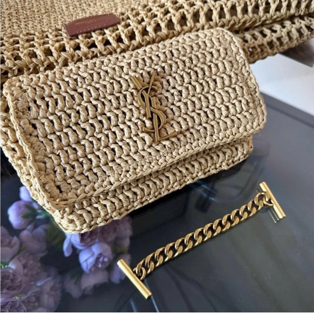 Yves Saint Laurent Cream Crochet Tote with Gold YSL Emblem - Picture 3 of 10